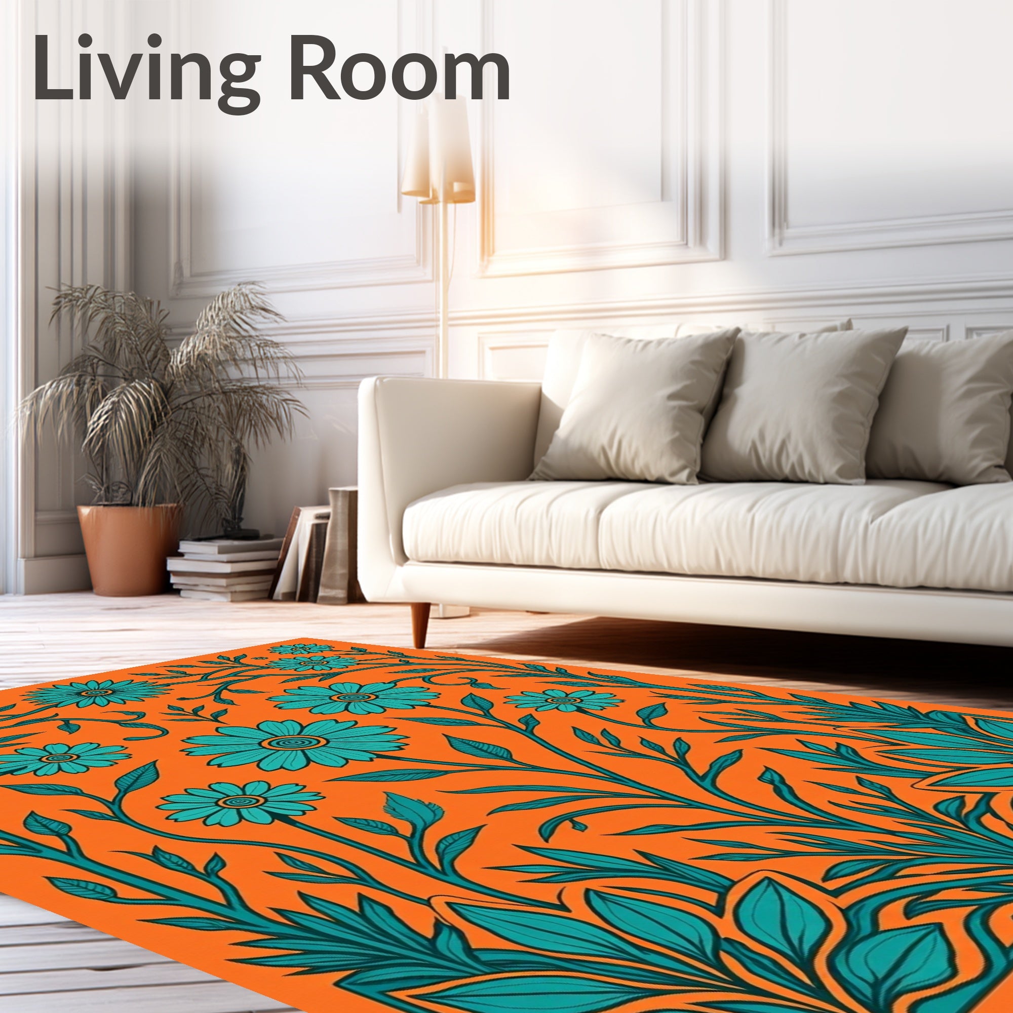 Teal Floral Vine Orange Background Rug