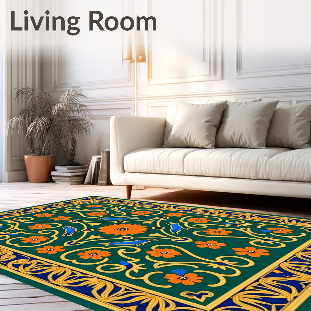 Emerald Green Floral Bird Border Rug