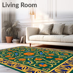 Emerald Green Floral Bird Border Rug