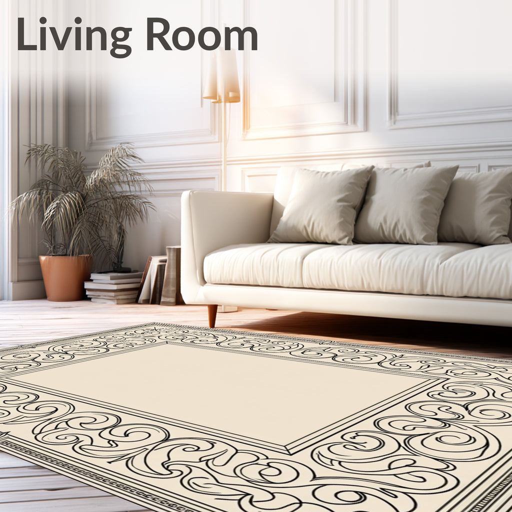 Ornate Beige Scroll Swirl Border Rug