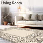Ornate Beige Scroll Swirl Border Rug