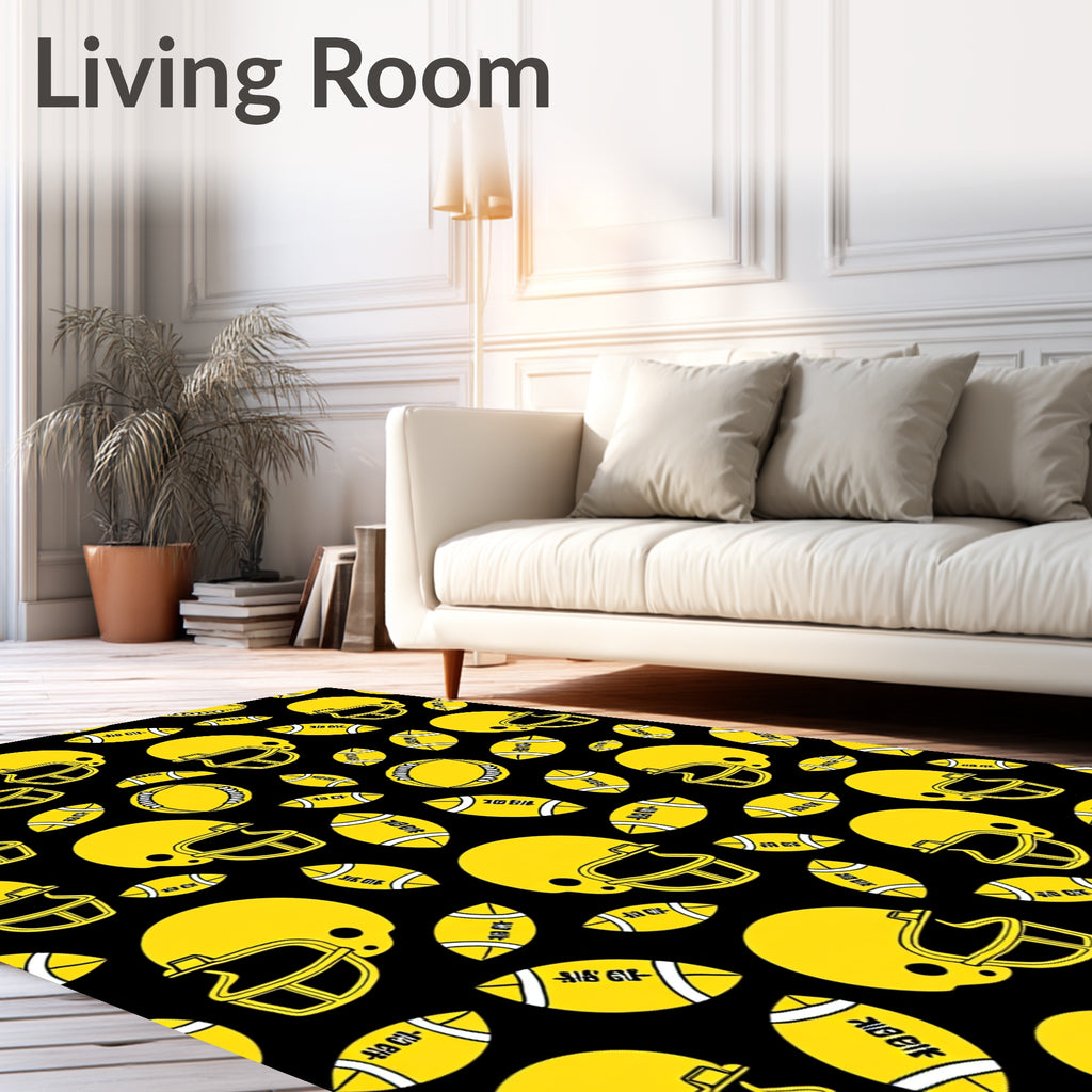 Yellow Football Helmets and Balls Rug