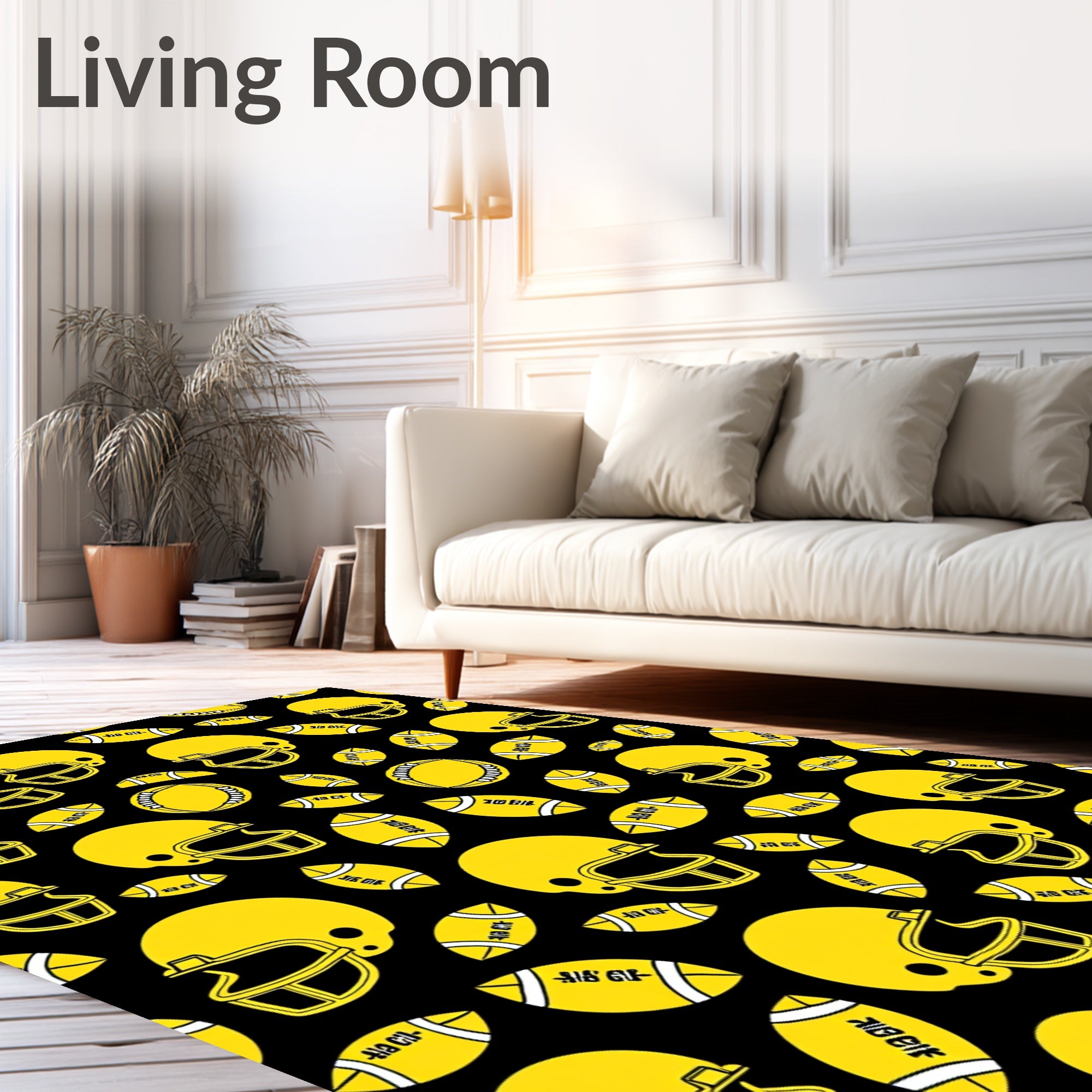 Yellow Football Helmets and Balls Rug