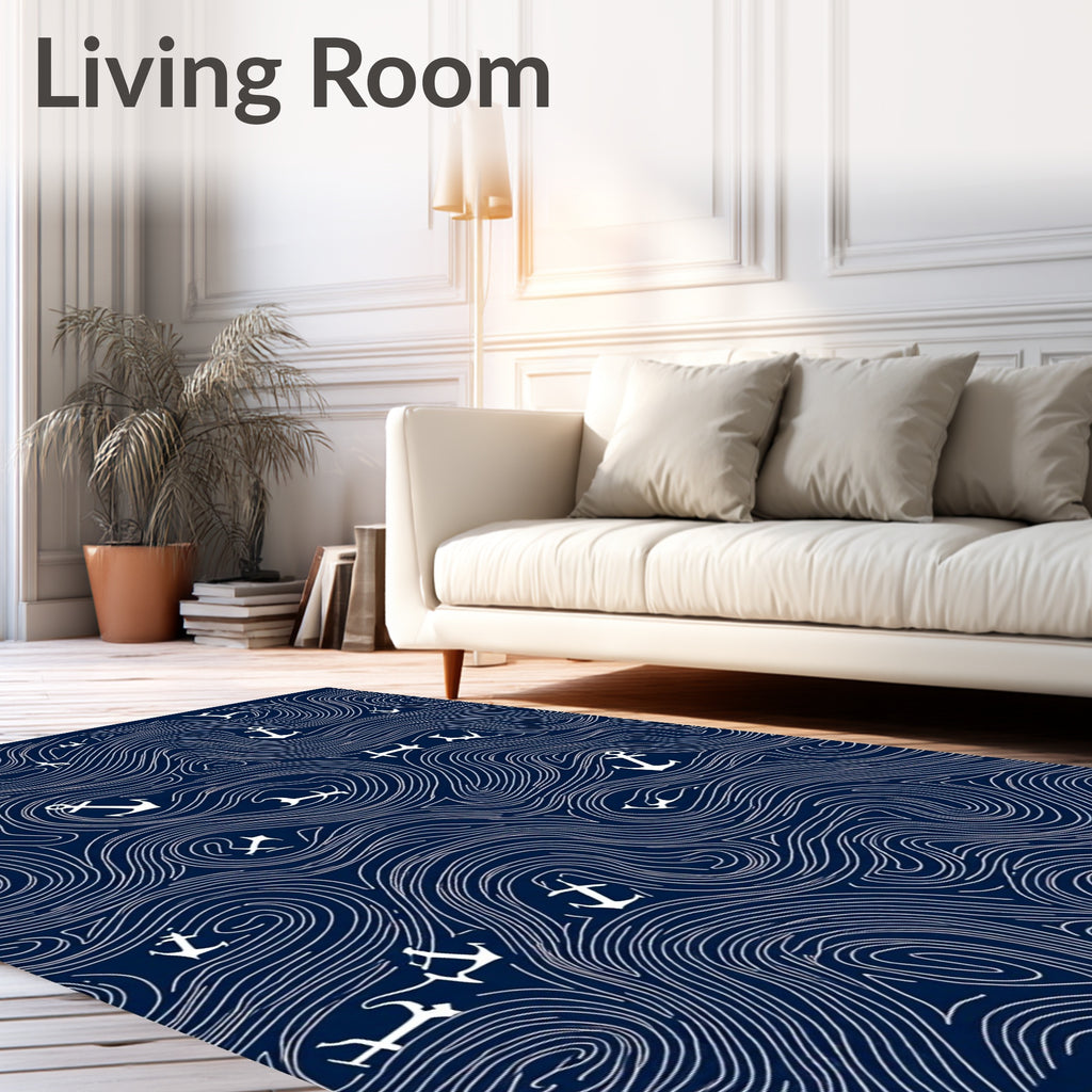 Navy White Anchor Swirl Nautical Rug