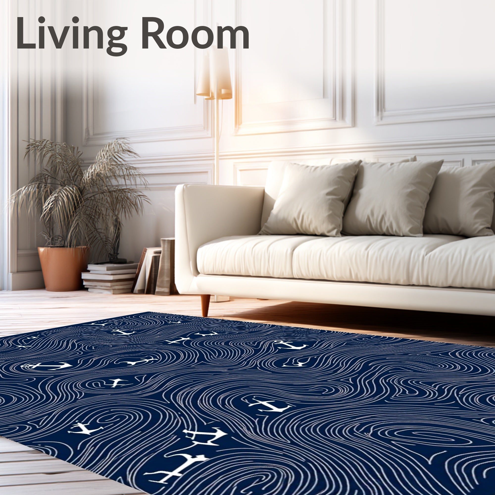 Navy White Anchor Swirl Nautical Rug