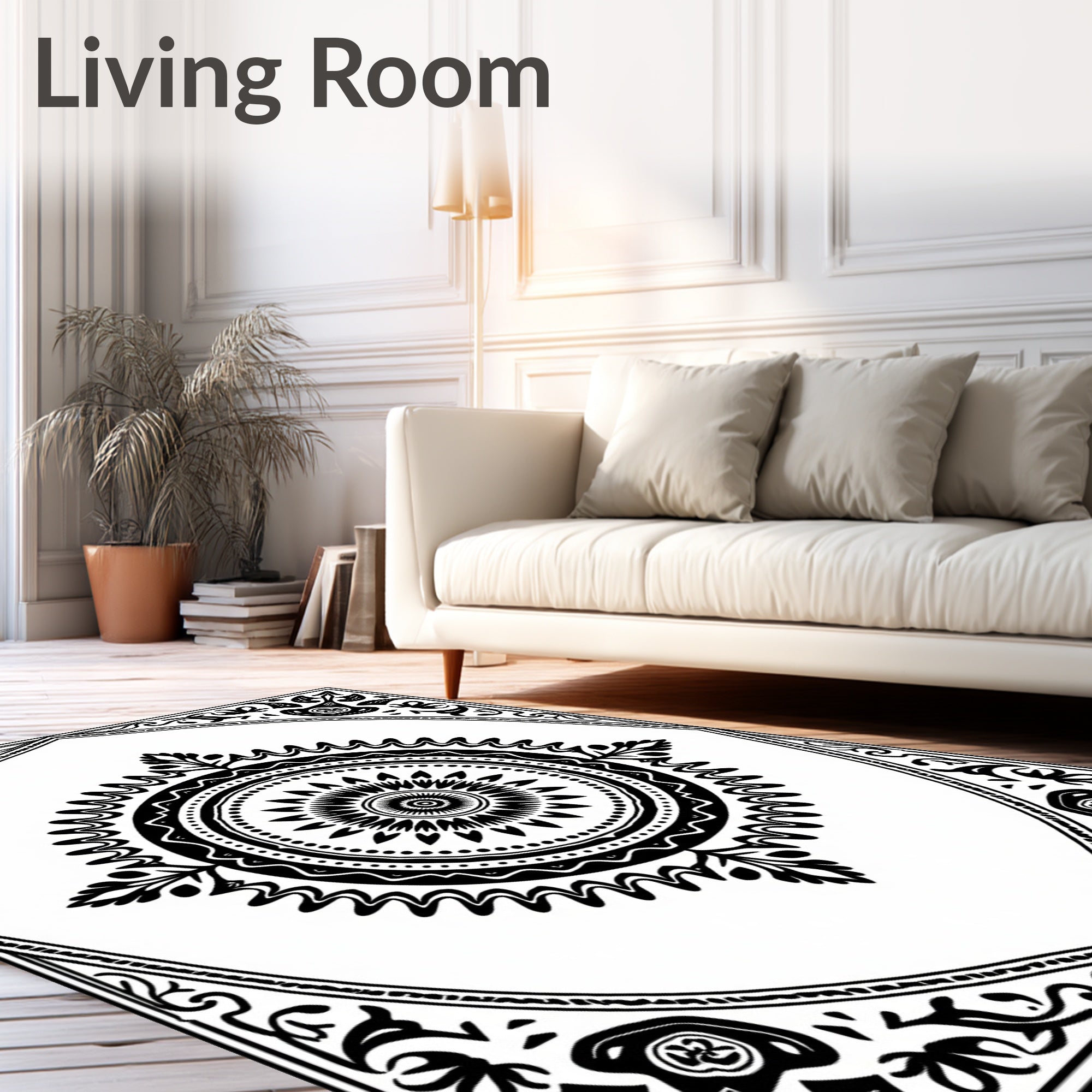 Black White Central Medallion Ornament Rug