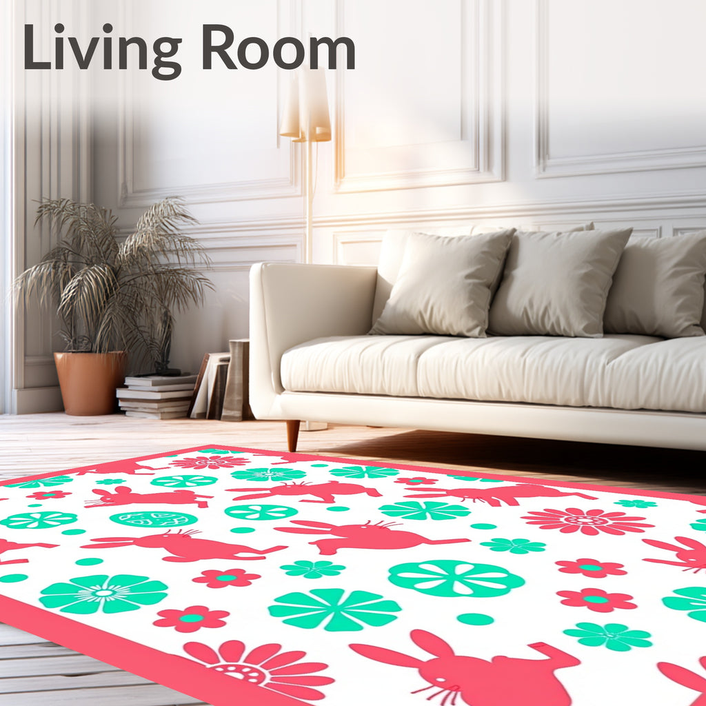 Coral Easter Bunnies Teal Flowers Round Rug
