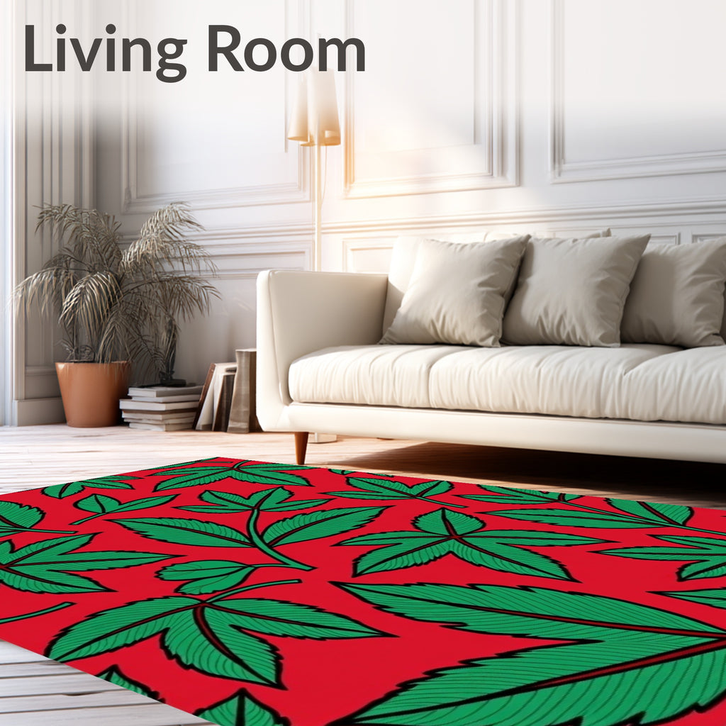 Vibrant Red Green Leafy Foliage Rug