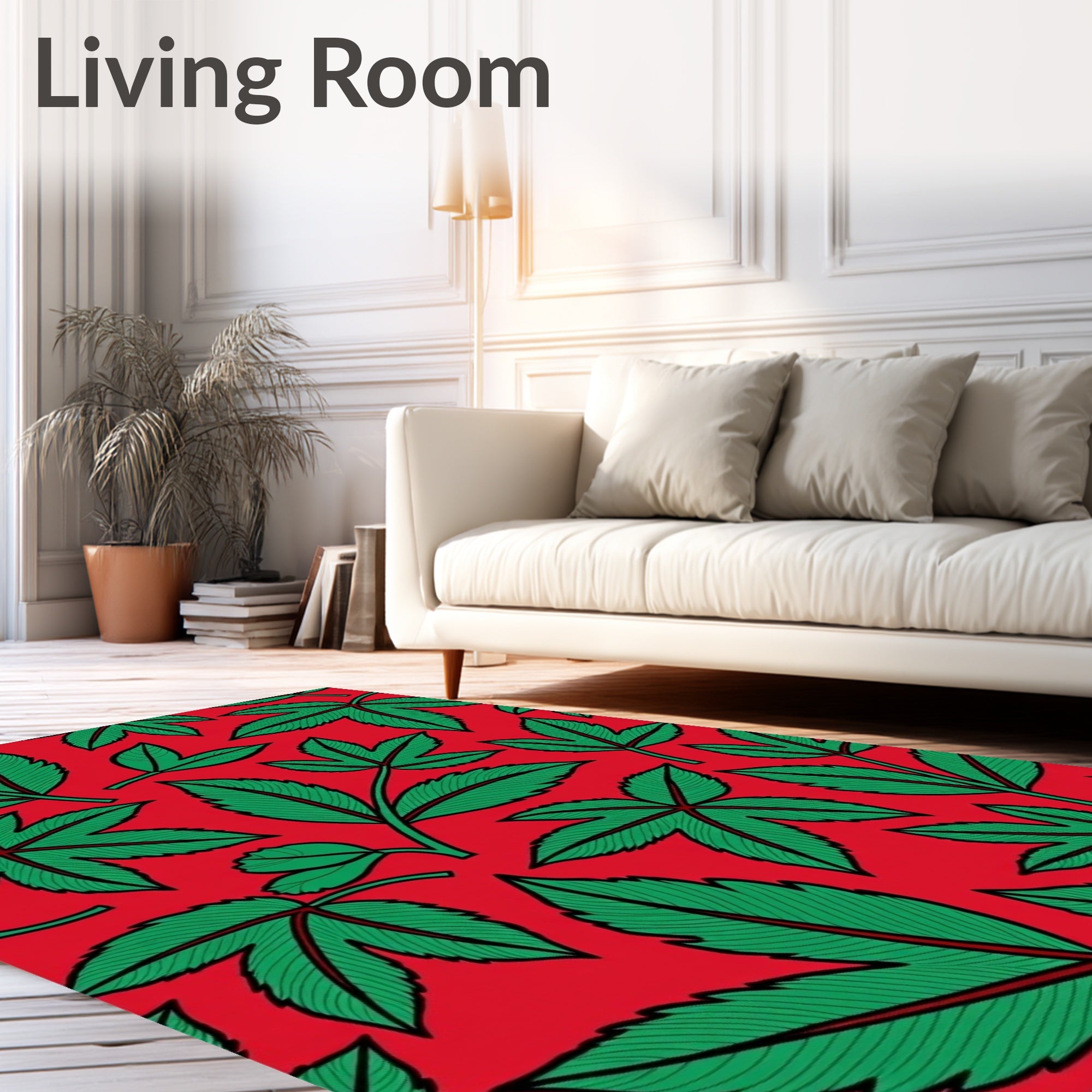 Vibrant Red Green Leafy Foliage Rug