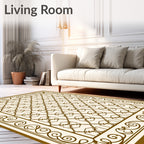 Brown Beige Lattice Scrollwork Frame Rug