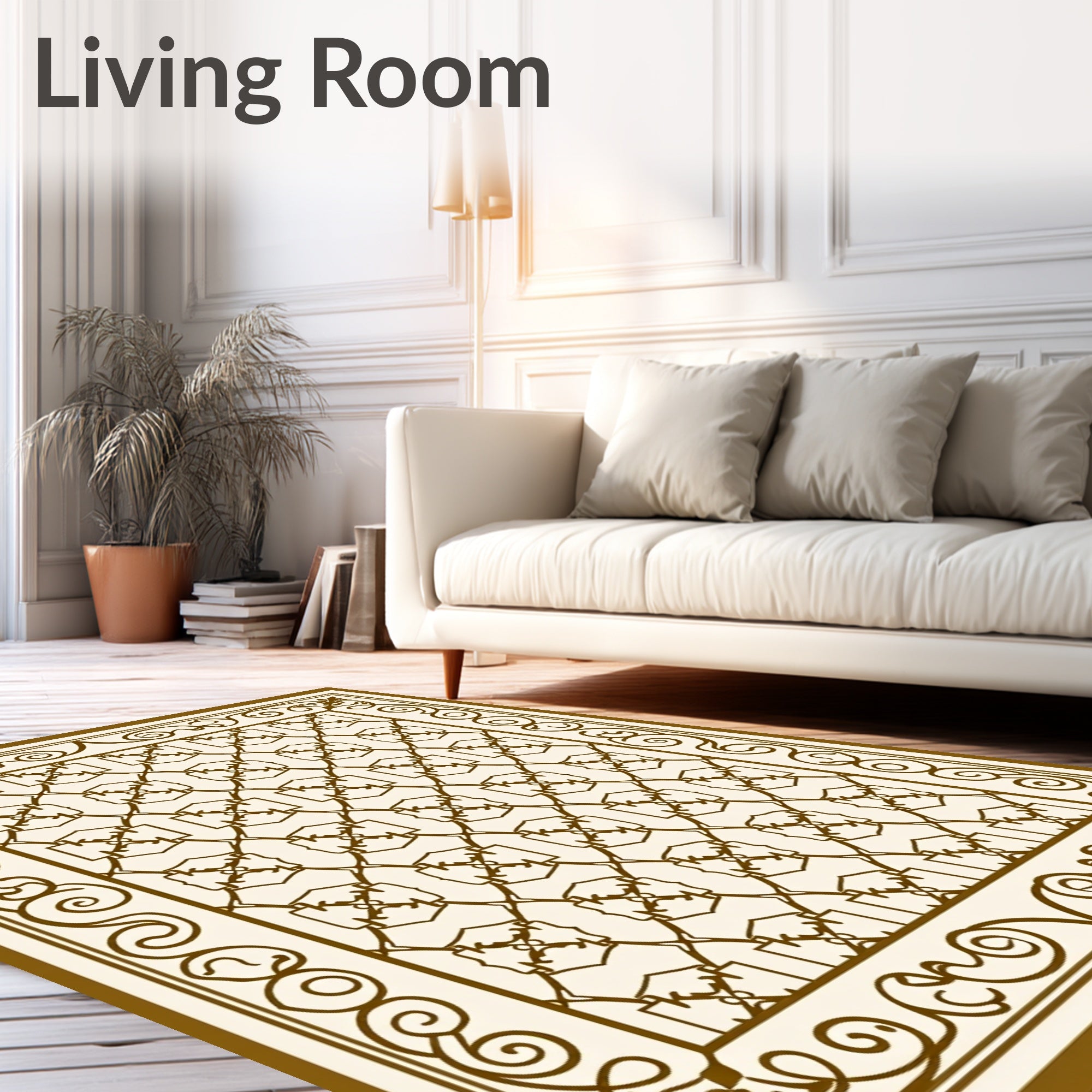 Brown Beige Lattice Scrollwork Frame Rug