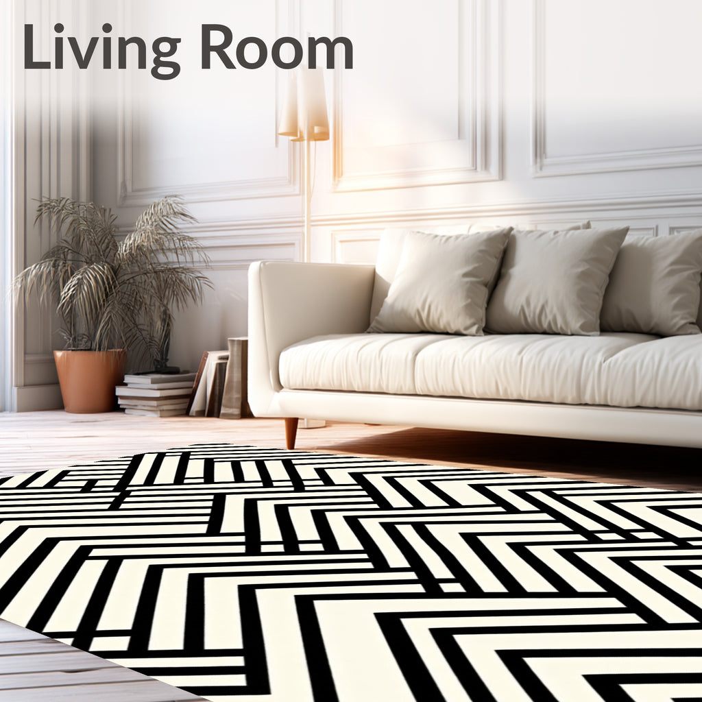Black Ivory Interlocking Chevron Geometric Rug