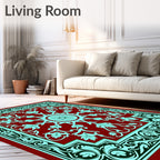 Crimson Teal Floral Sunburst Border Rug