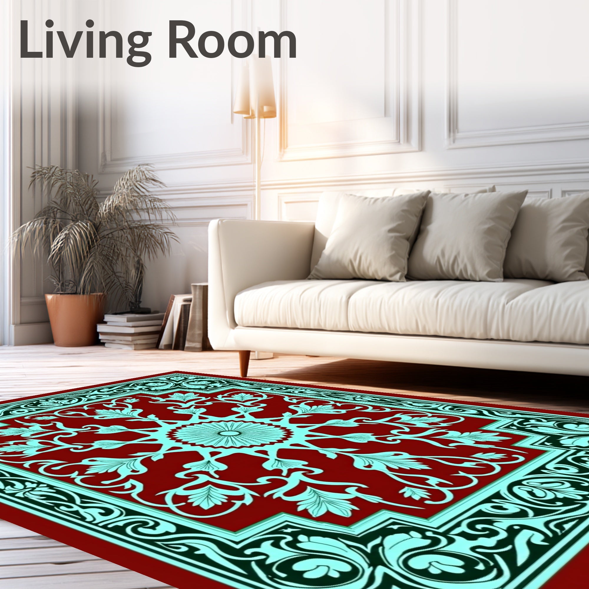 Crimson Teal Floral Sunburst Border Rug