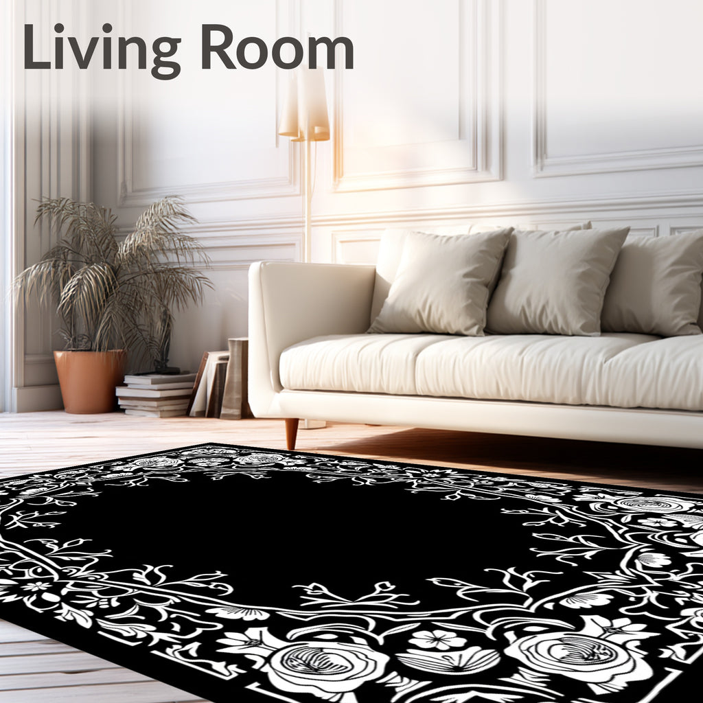 Vintage White Rose Floral Border Rug