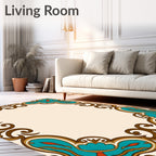 Ornate Teal and Orange Swirl Frame Rug