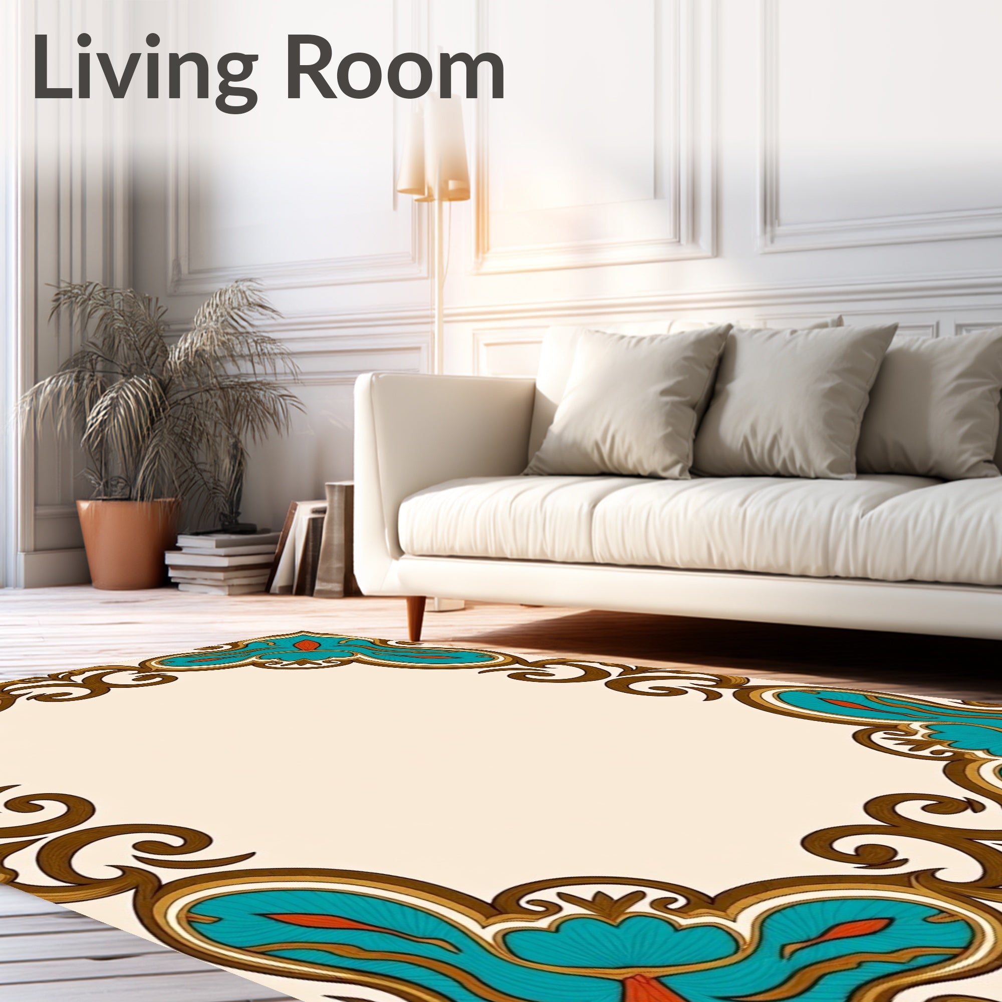 Ornate Teal and Orange Swirl Frame Rug