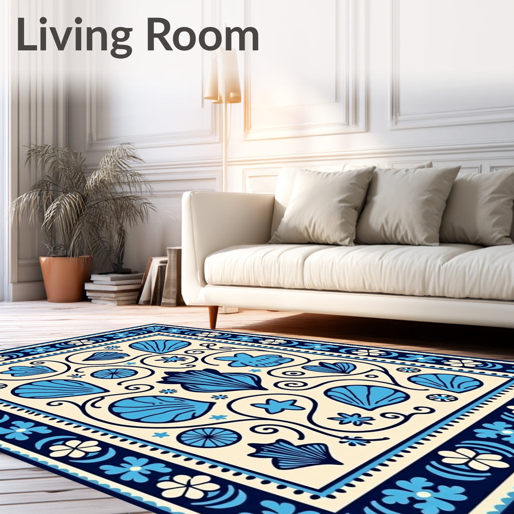 Vibrant Blue Seashell Cream Border Rug