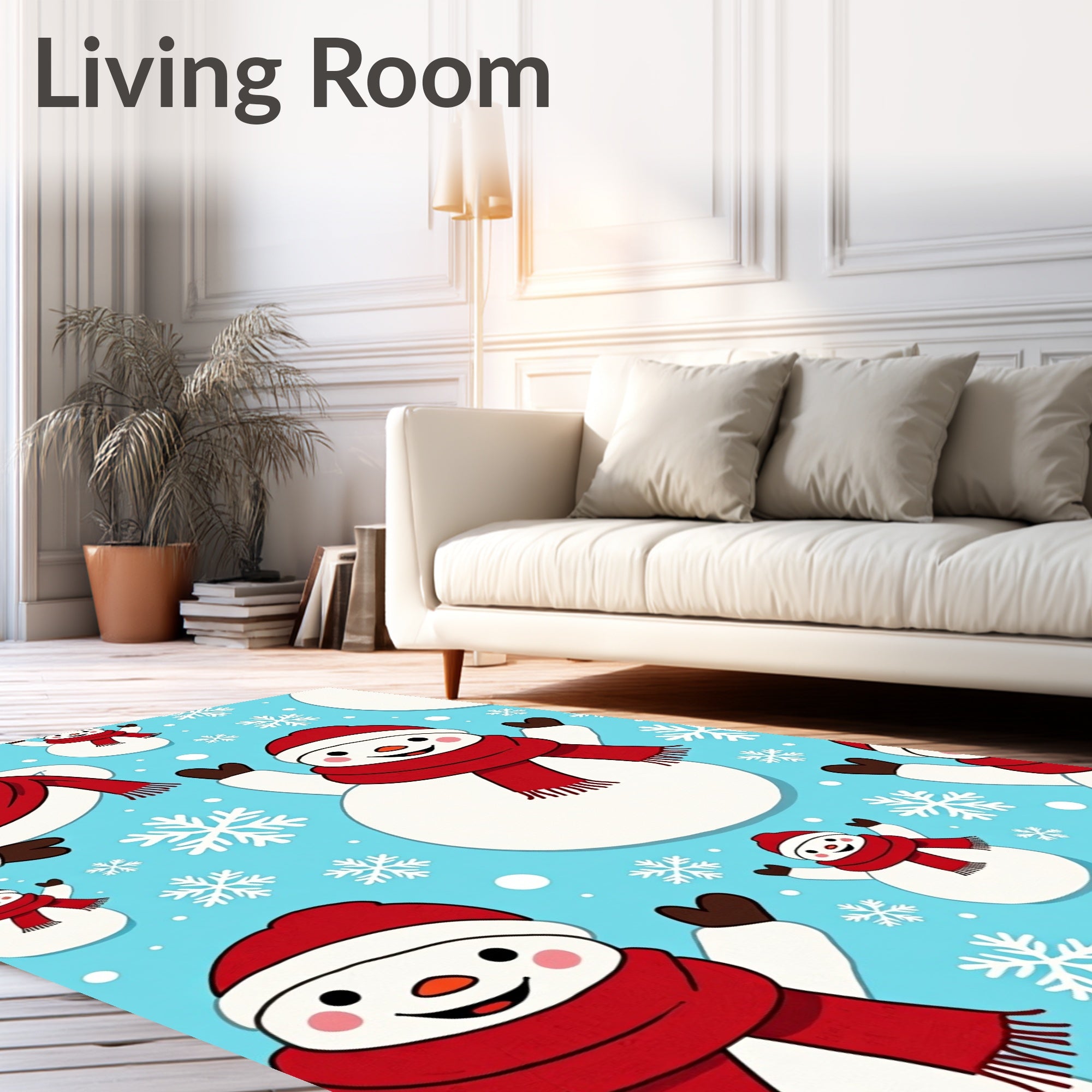 Cheerful Snowman Red Scarf Snowflakes Rug