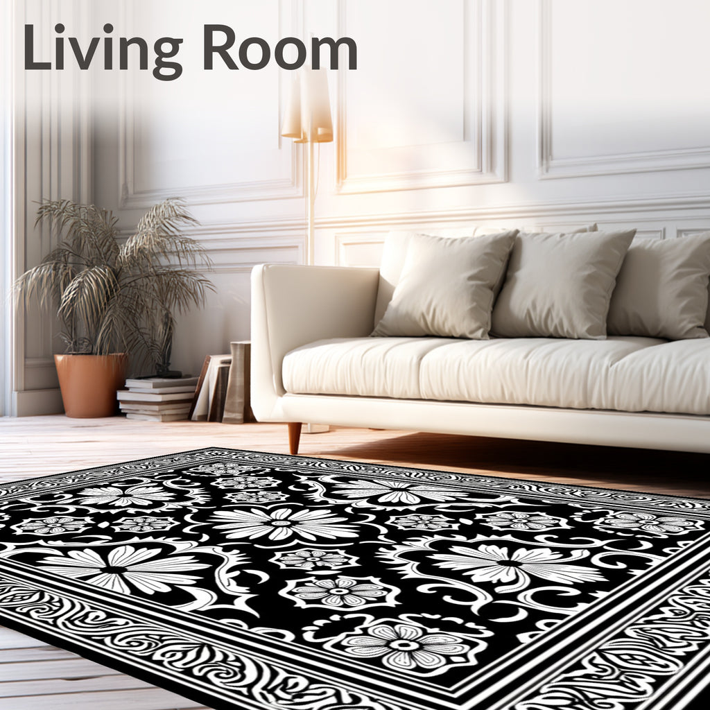 Classic Black White Floral Garden Rug