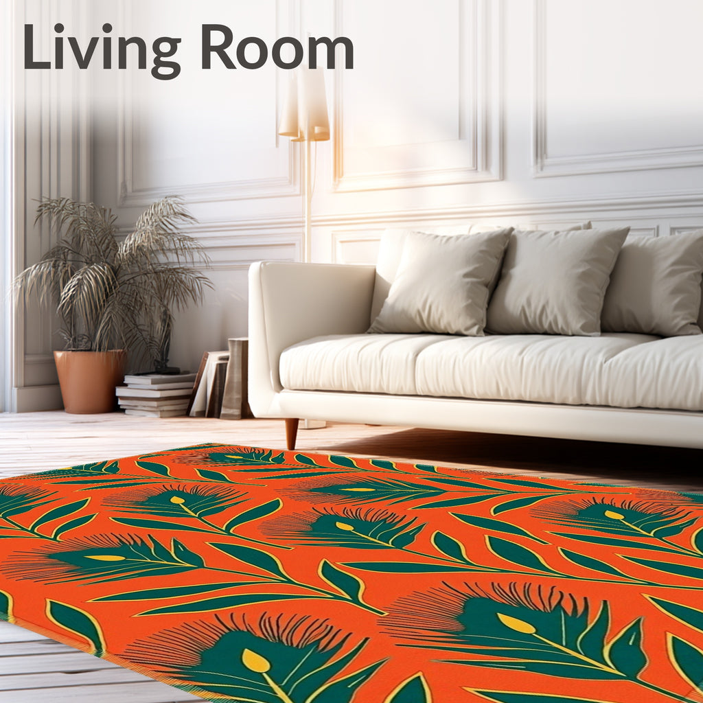 Bold Teal Floral Branches Orange Rug