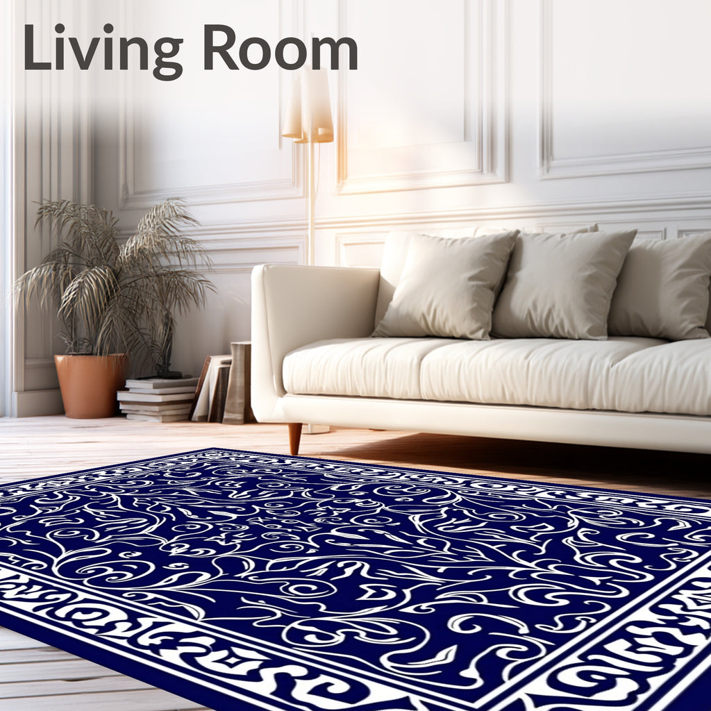 Deep Blue White Symmetrical Floral Scroll Rug