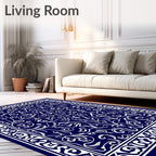 Deep Blue White Symmetrical Floral Scroll Rug