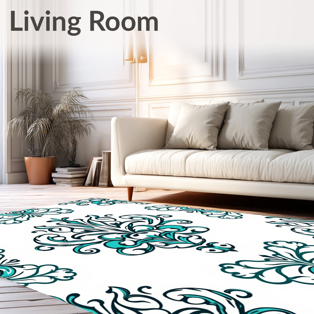 Teal And White Contemporary Damask Rug