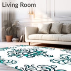 Teal And White Contemporary Damask Rug