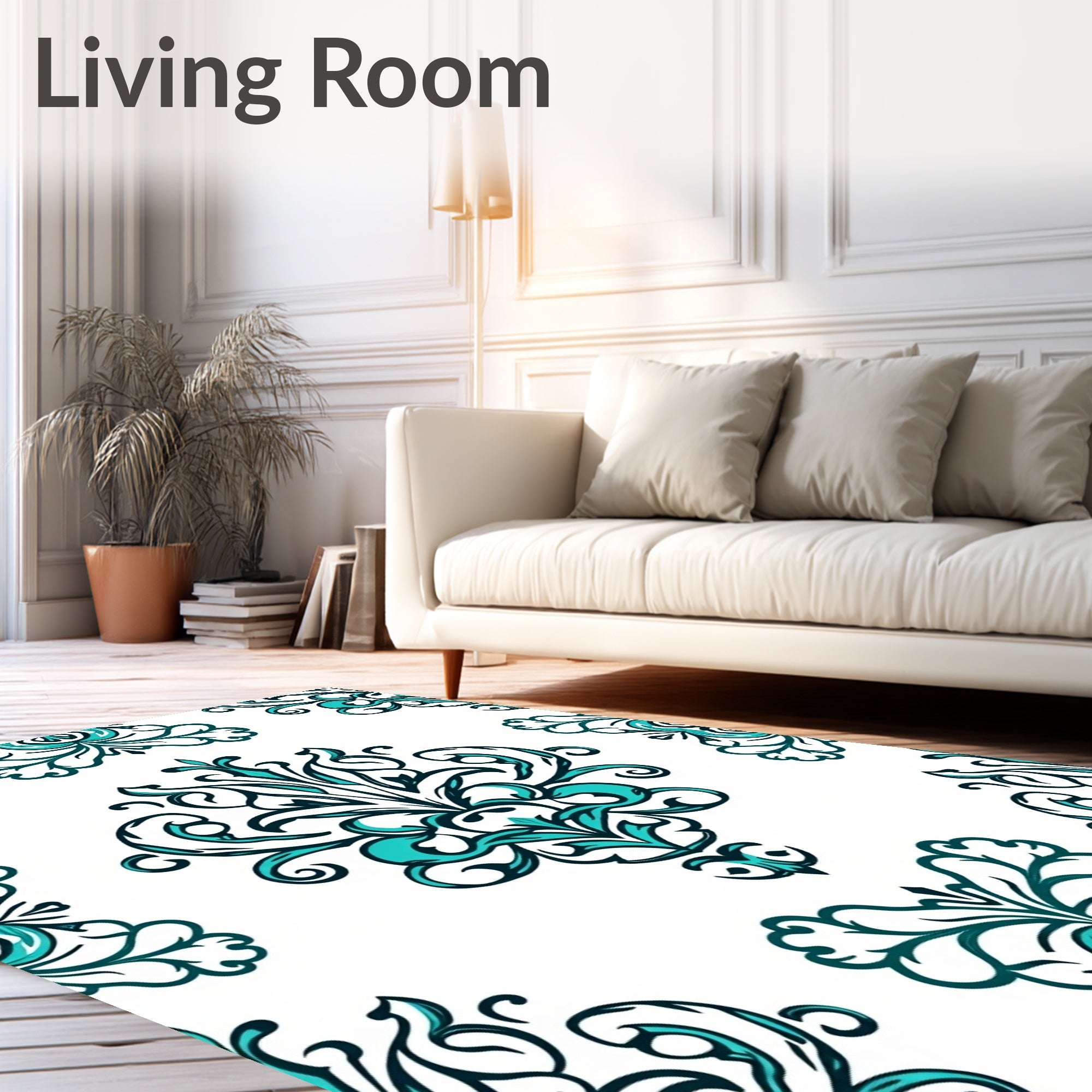 Teal And White Contemporary Damask Rug