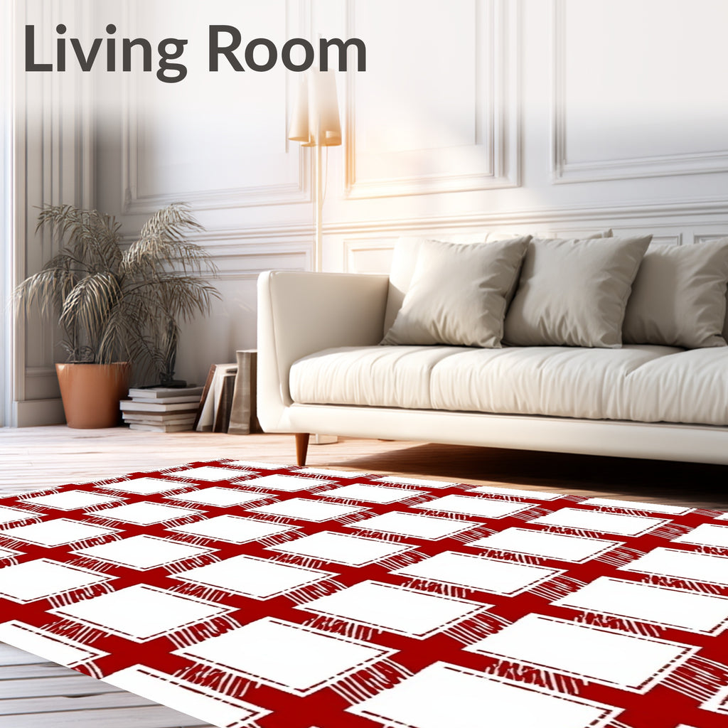 Red White Textured Plaid Squares Rug