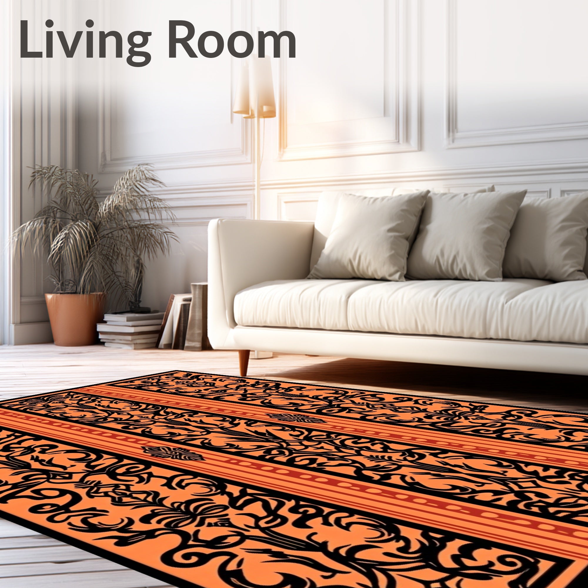 Orange Black Bold Floral Vertical Art Rug