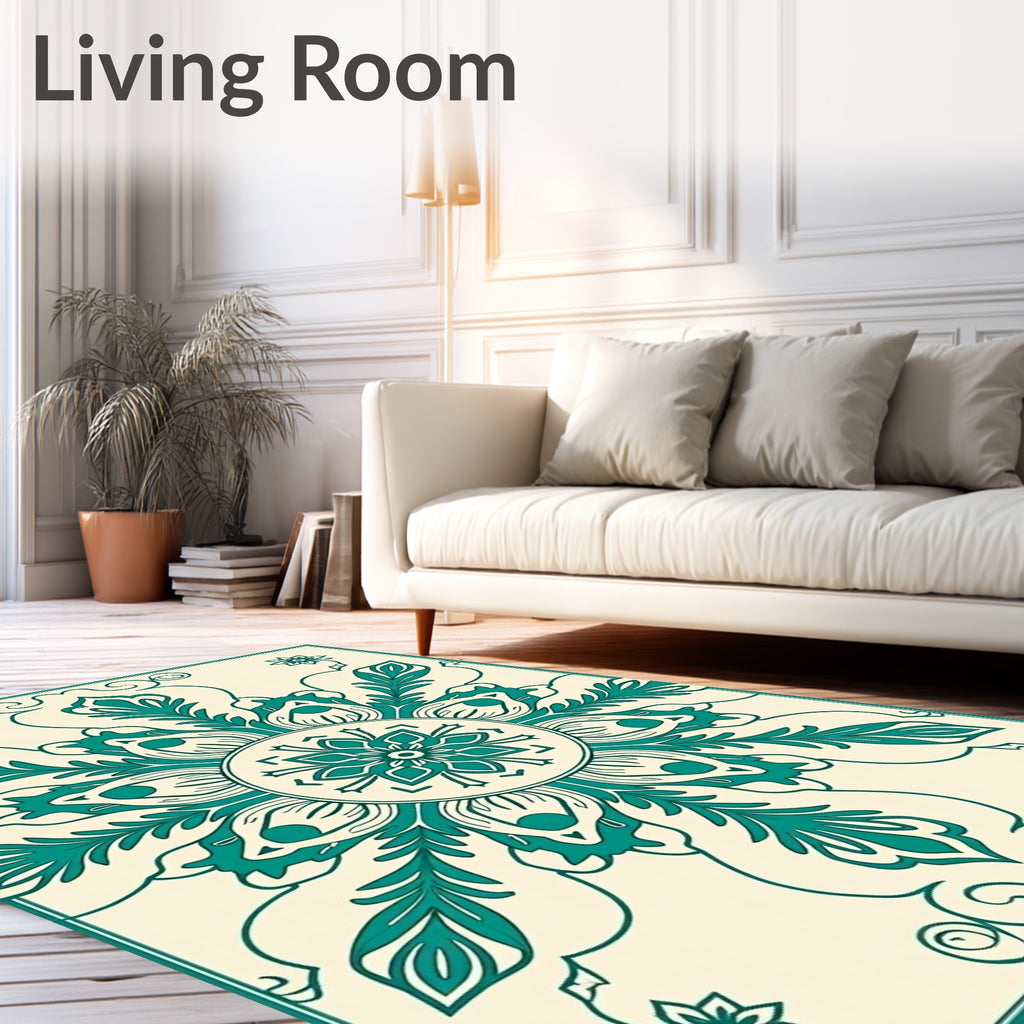 Teal Floral Medallion Cream Rug