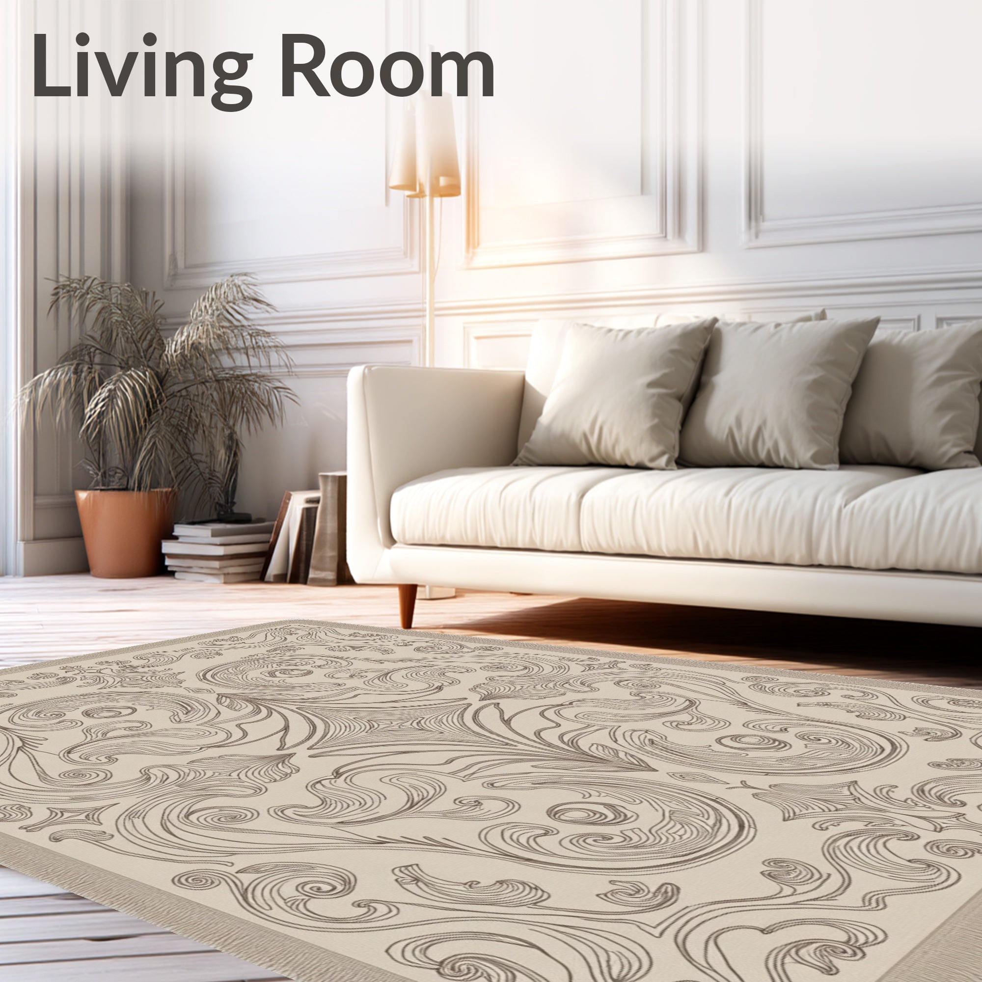 Ornate Beige Rococo Scroll Rug