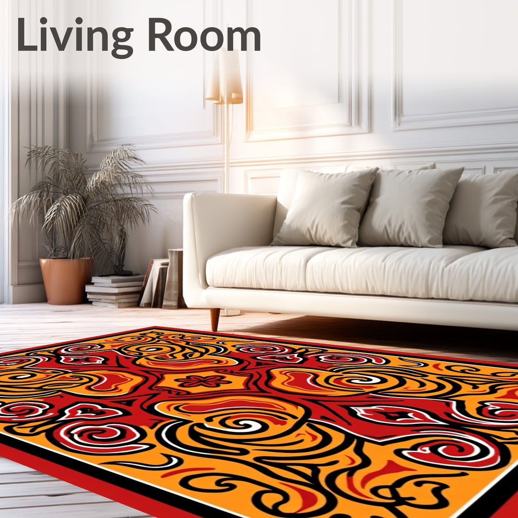 Vibrant Red Yellow Symmetry Swirls Rug