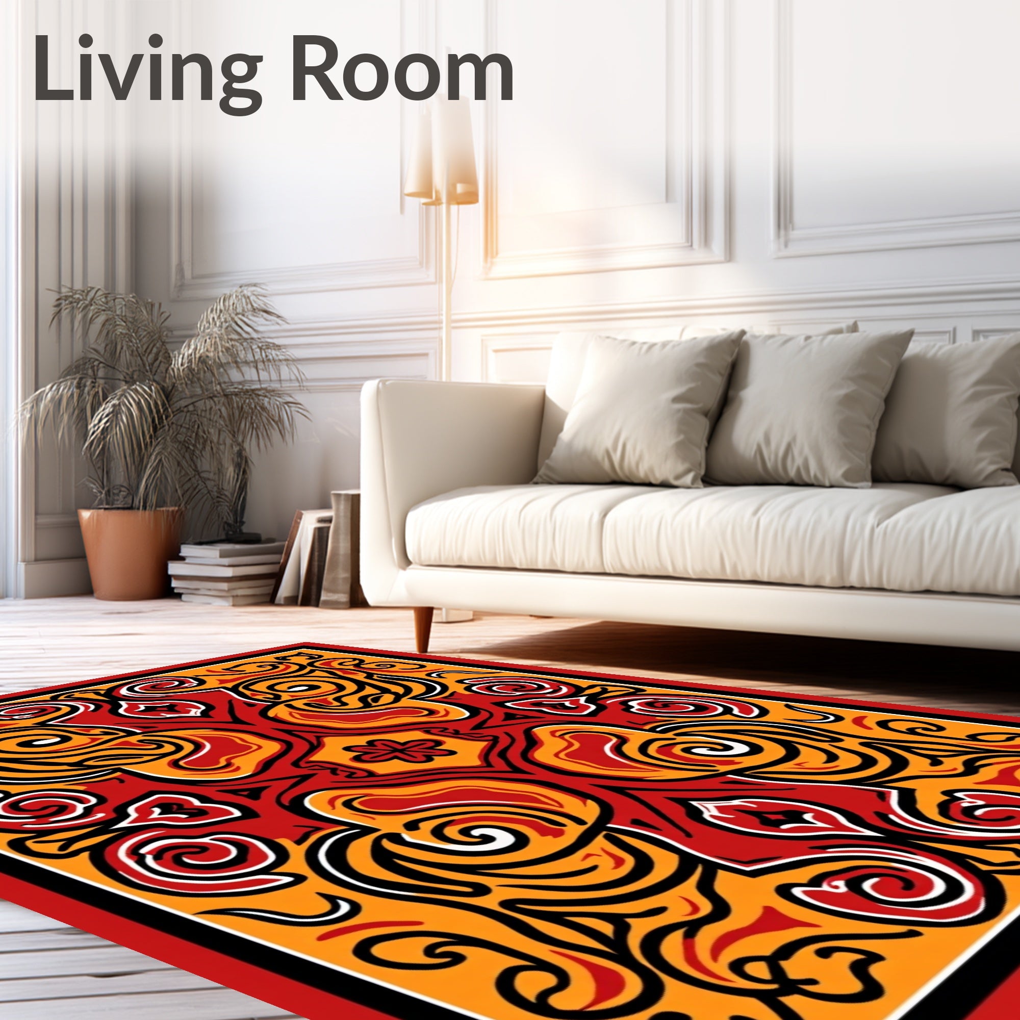 Vibrant Red Yellow Symmetry Swirls Rug
