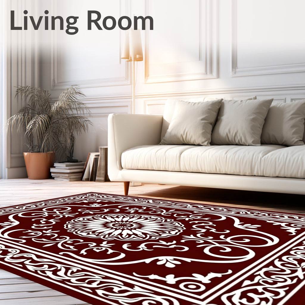 Rich Burgundy White Floral Scroll Rug
