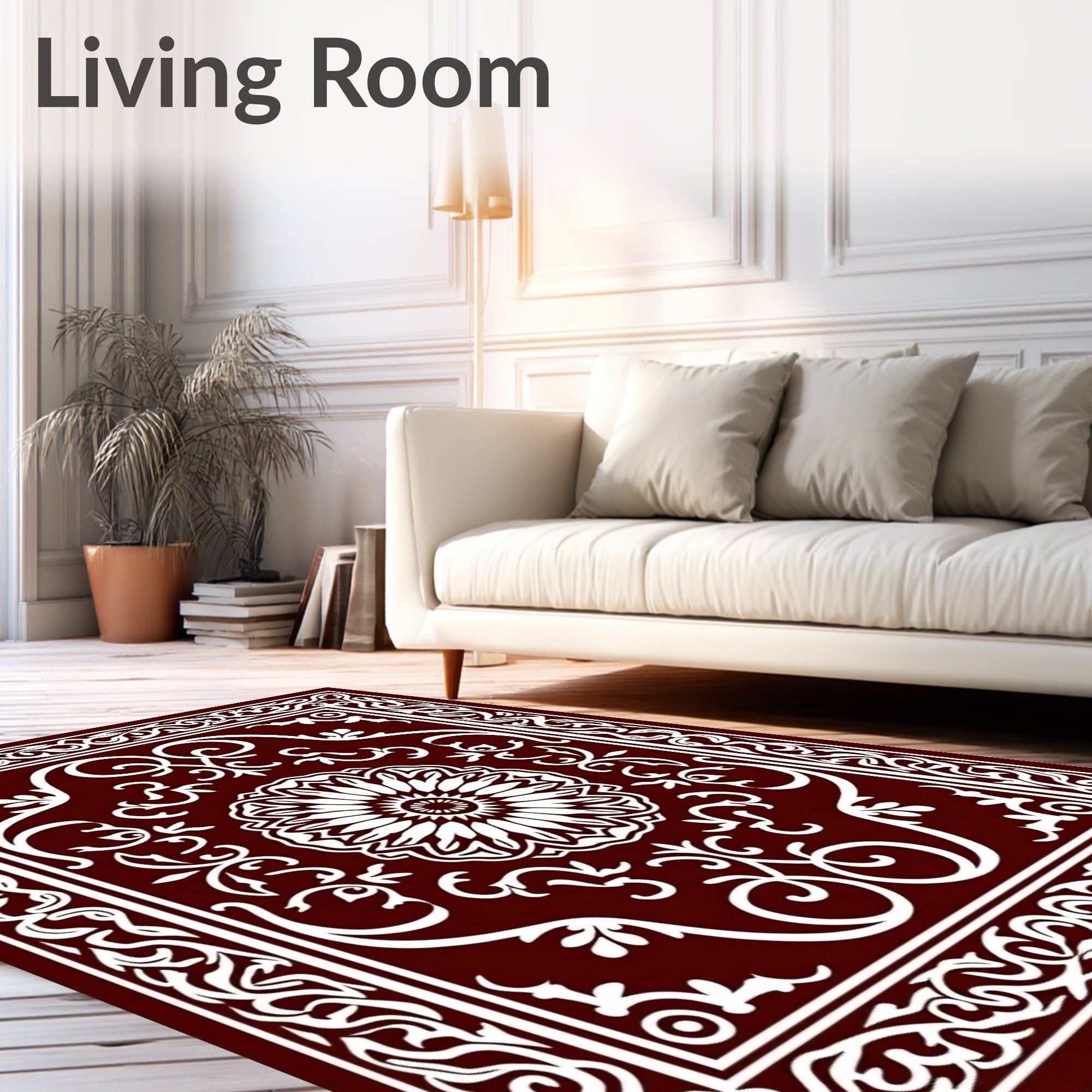 Rich Burgundy White Floral Scroll Rug
