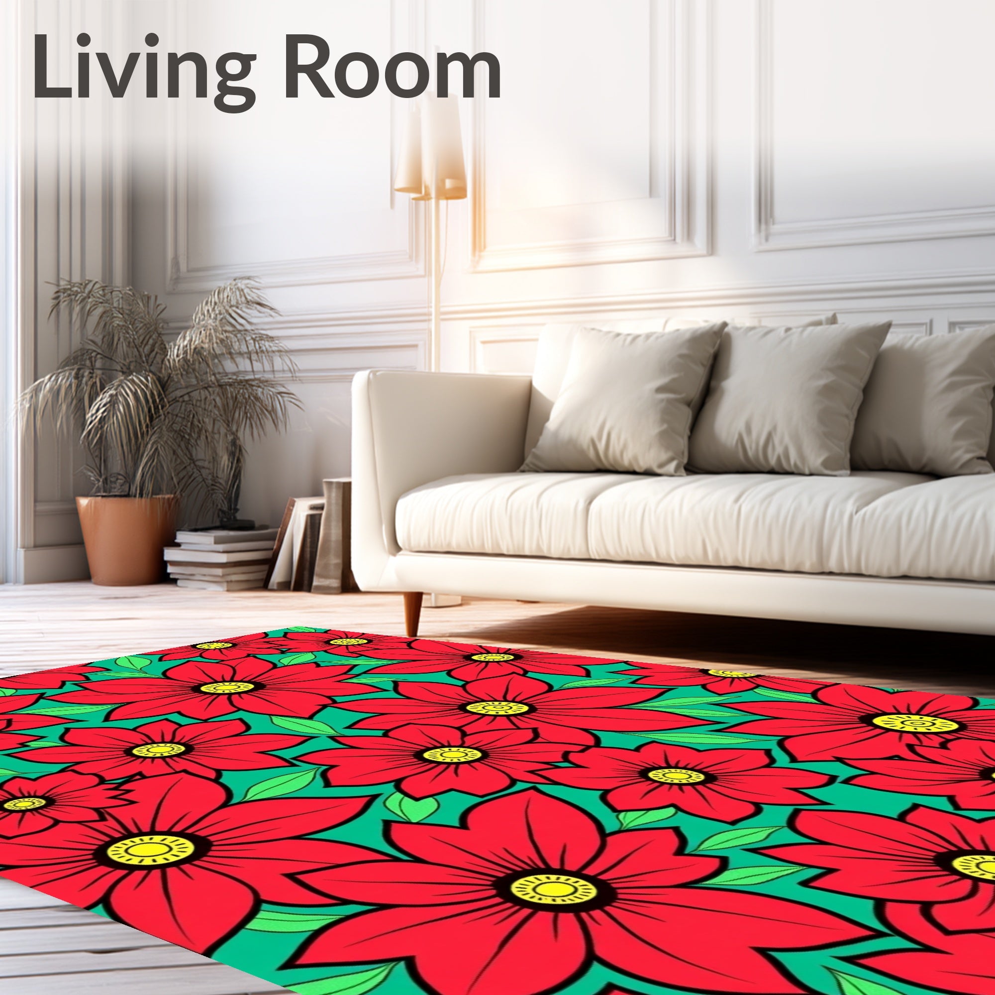 Vibrant Red Floral Midcentury Modern Rug
