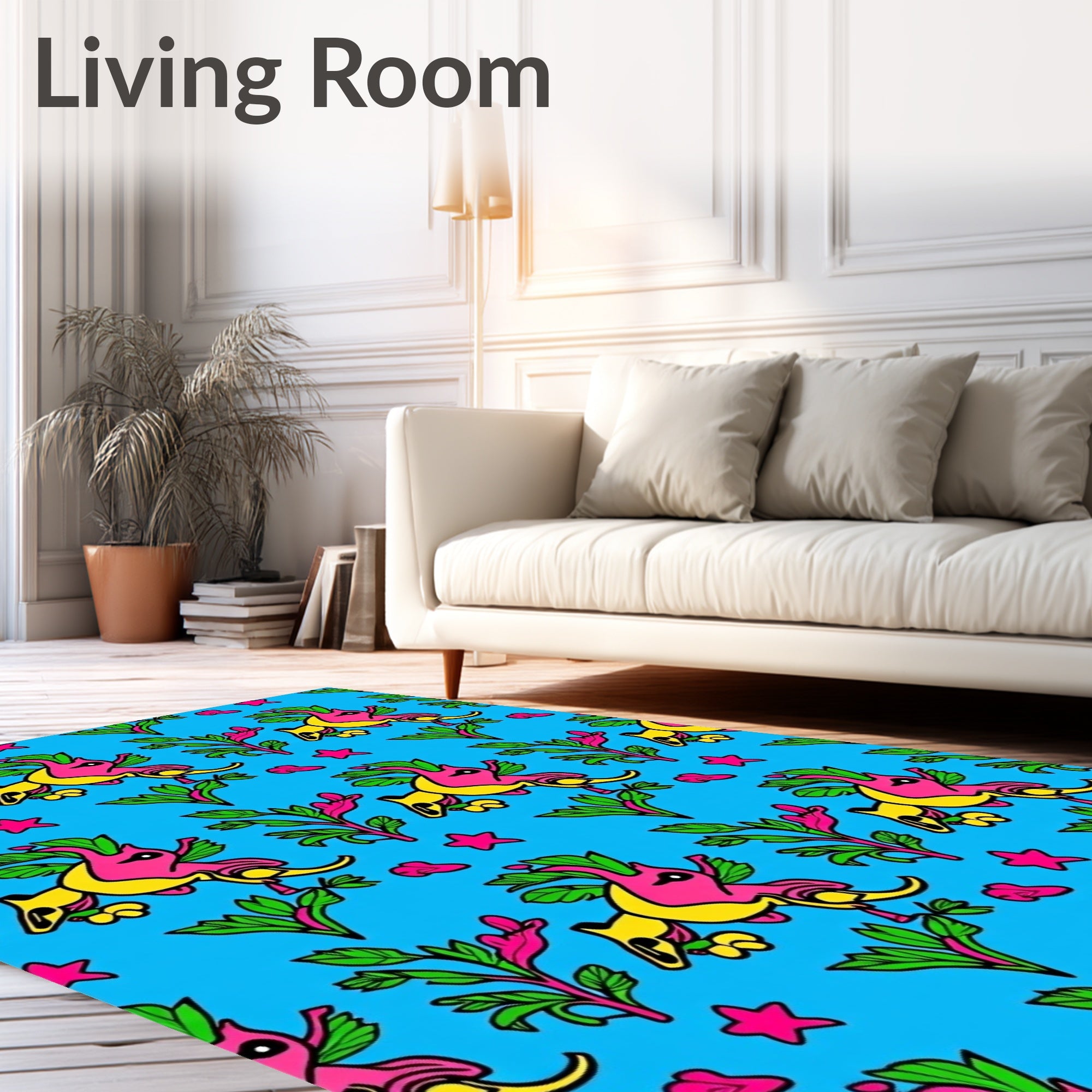 Pink Yellow Creature Blue Star Foliage Rug