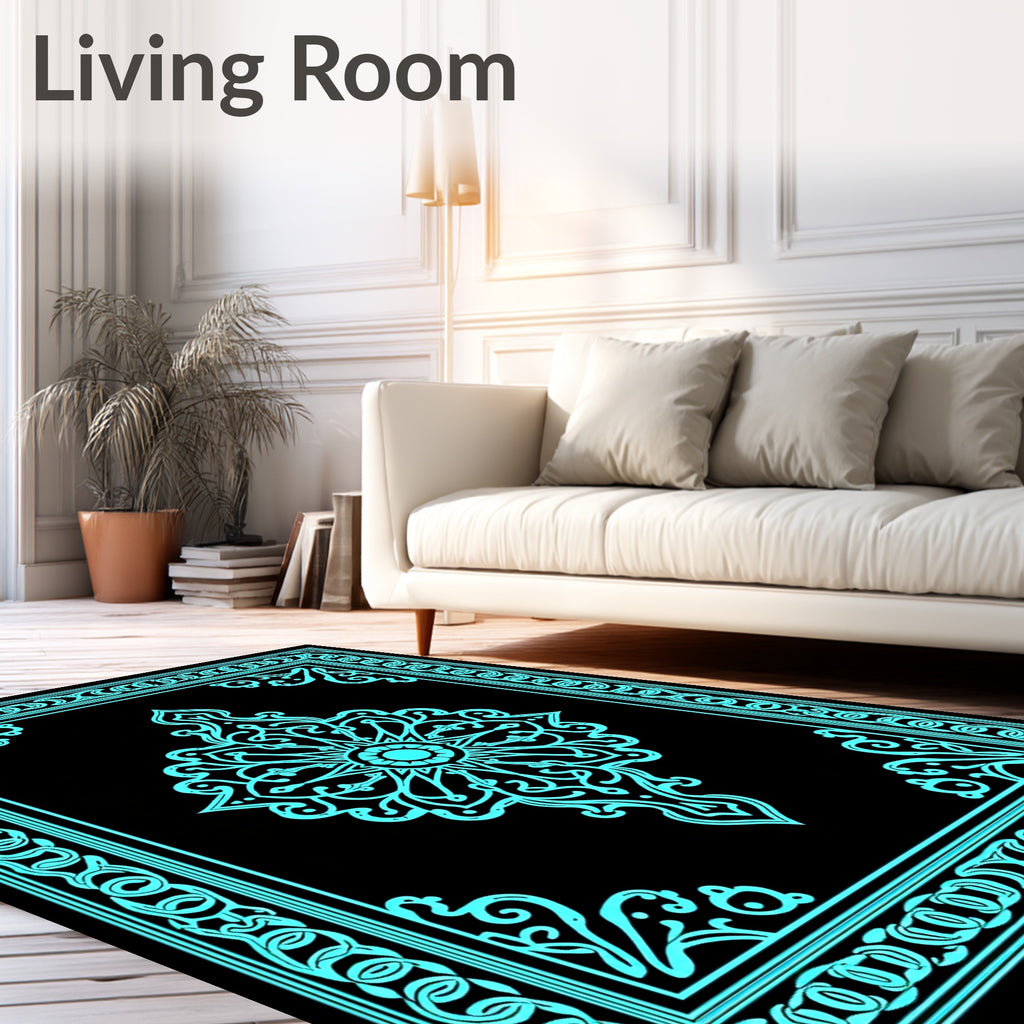 Turquoise Ornamental Mandala Border Rug
