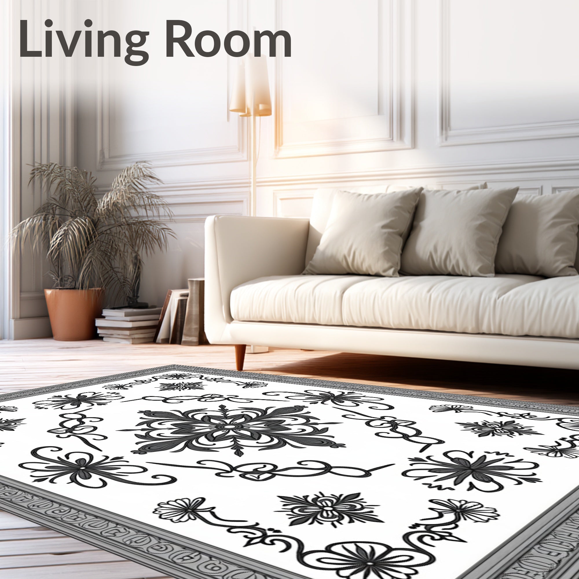 Monochromatic Floral Scroll Ornament Frame Rug