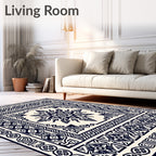 Dark Navy Geometric Medallion Border Rug