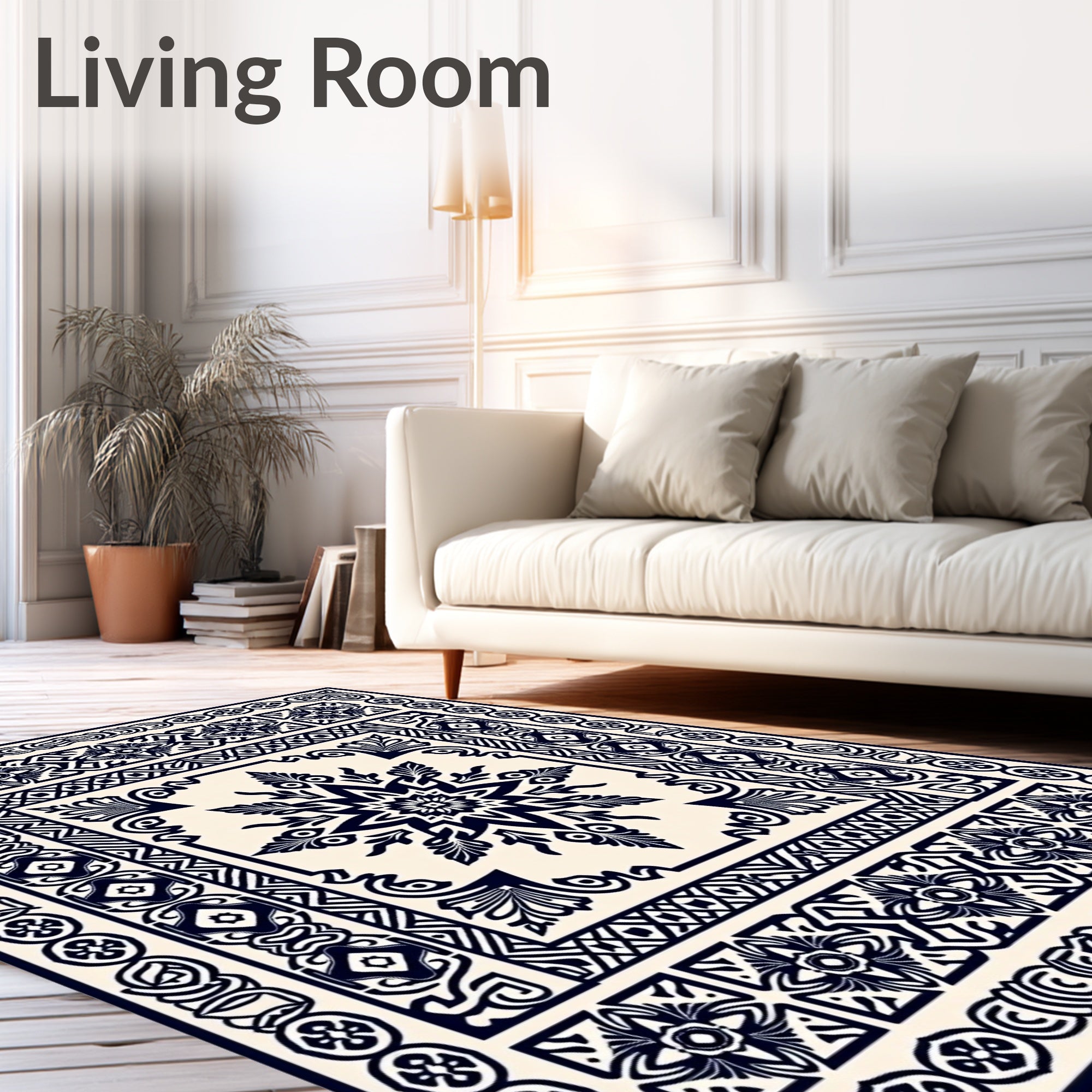 Dark Navy Geometric Medallion Border Rug