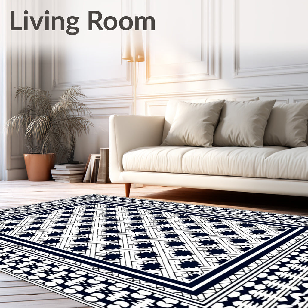 Navy White Interlocking Leaf Border Rug