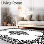 Black Ornamental Floral Scroll Border Rug