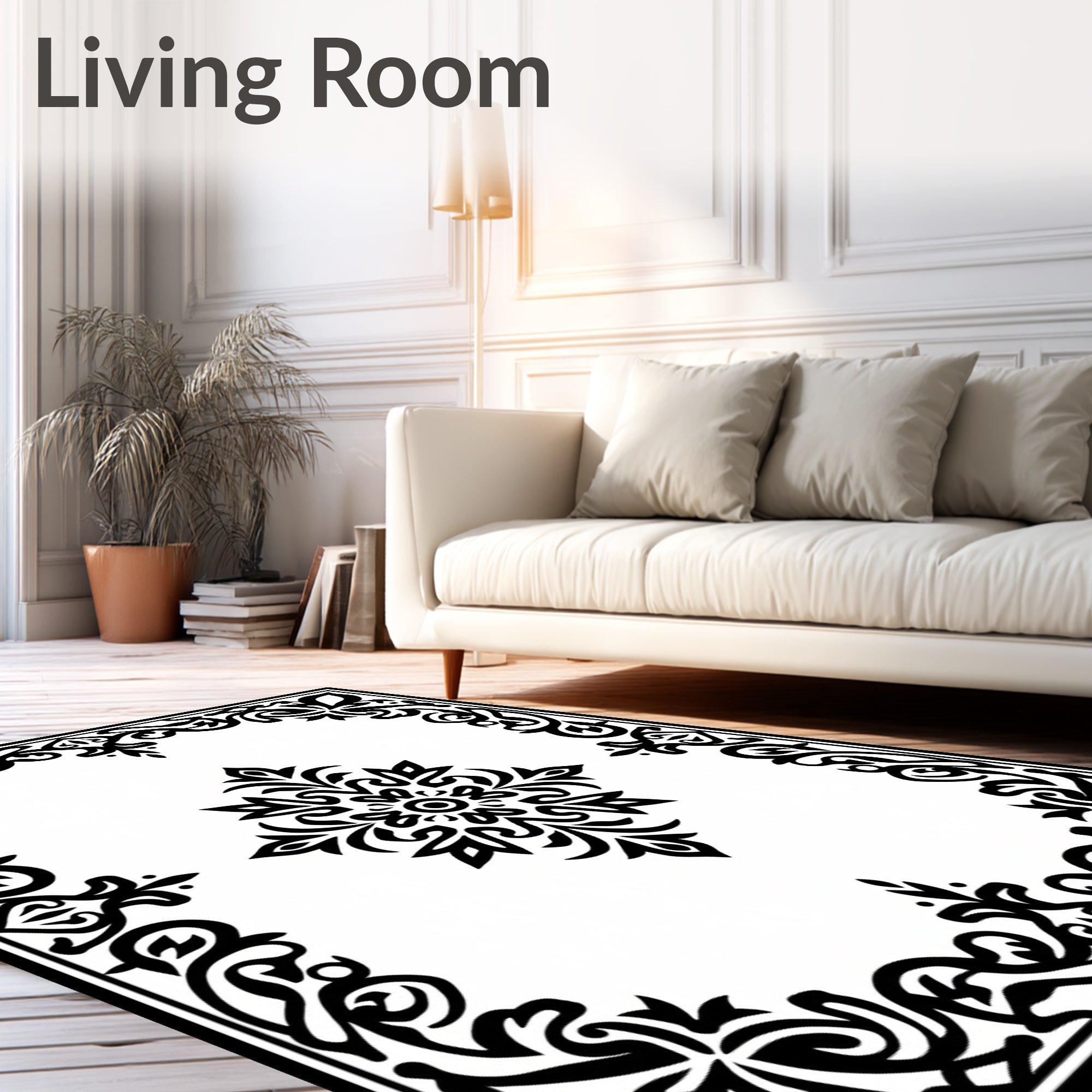 Black Ornamental Floral Scroll Border Rug