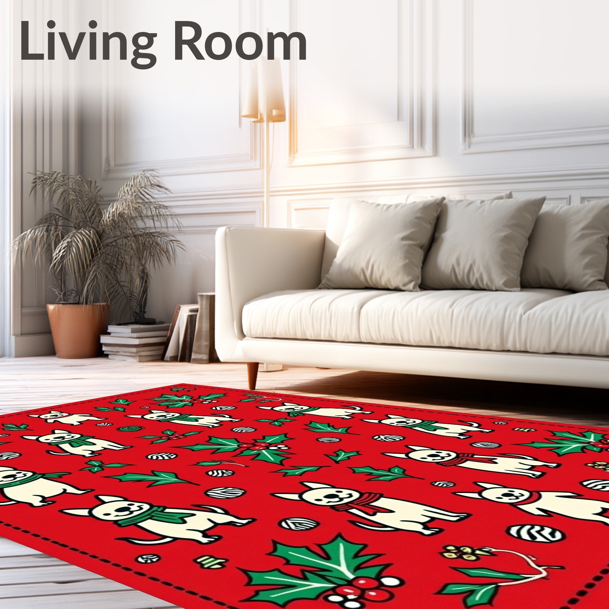 Jolly Festive Dog Holly Christmas Red Rug