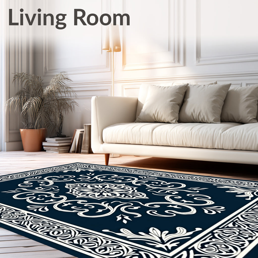 Dark Blue Cream Intricate Medallion Framing Rug