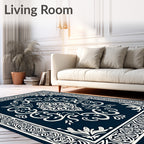 Dark Blue Cream Intricate Medallion Framing Rug